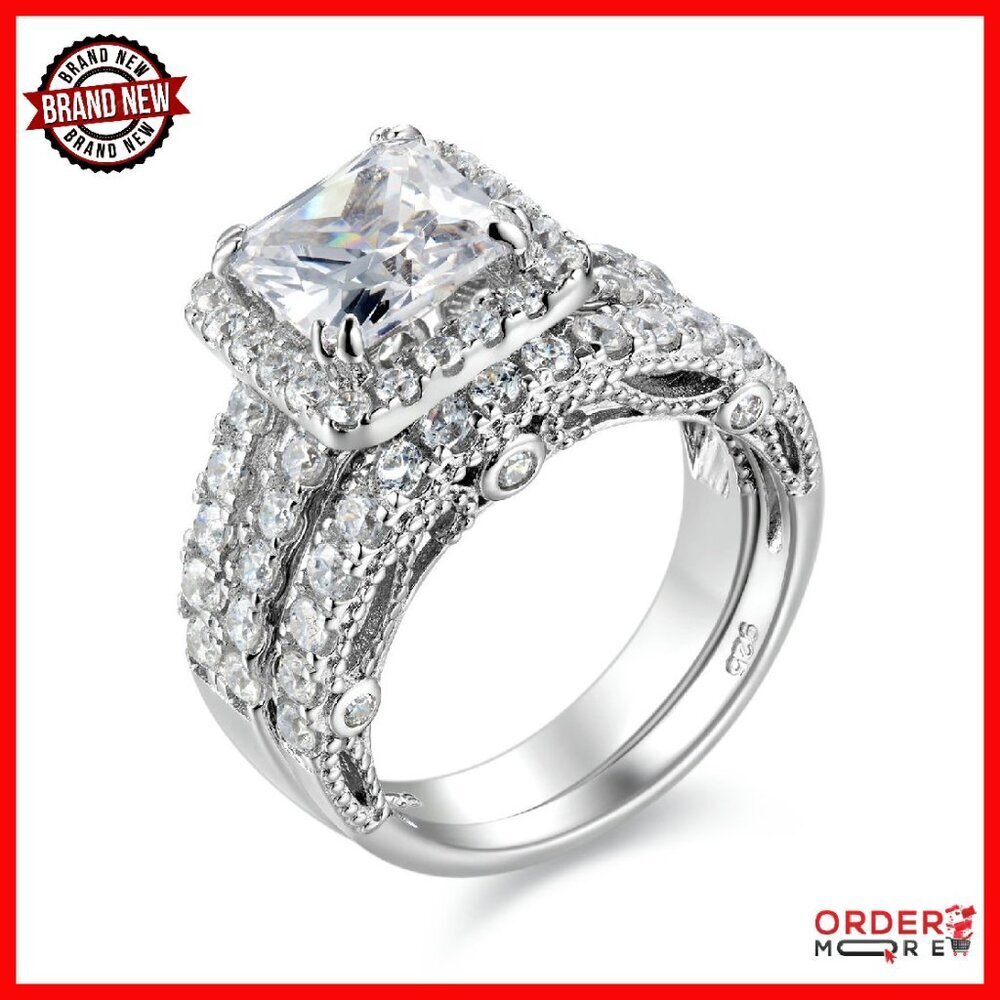Sterling Silver Princess Cut CZ Bridal Set Size 7, 67 Stones